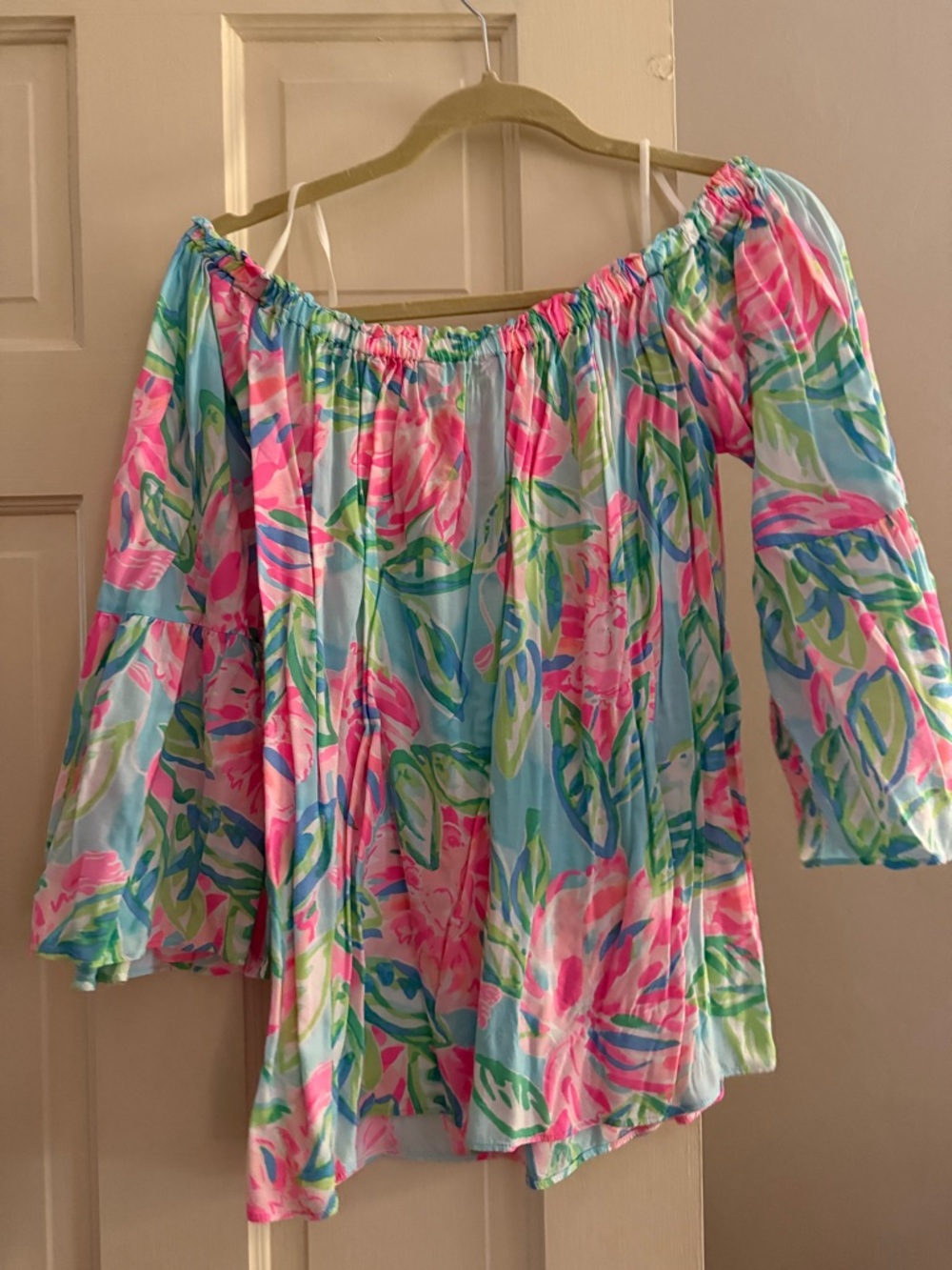 Lilly Pulitzer Off-Shoulder Floral Bell-Sleeve Top in Pink & Blue